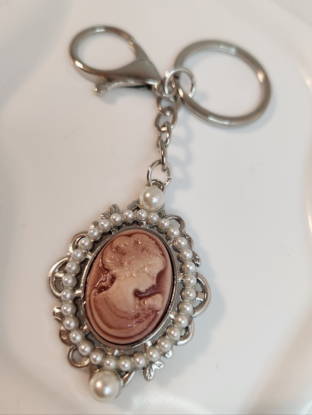 Vintage-Inspired Cameo Keychain Pendant in Blush Pink and Silver